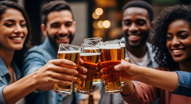 Diverse group of friends cheers with beer on a patio