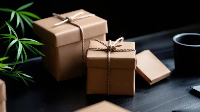 Several brown gift boxes wrapped in twine with blank tags on a dark table, ready for gifting.