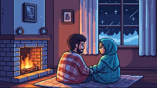 Loving couple finds warmth and comfort together by the fire on a cold, starry winter's evening in pixel art