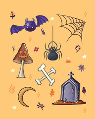 Spooky and festive Halloween background featuring pumpkins, haunted house, bats, ghosts, and a full moon in the night sky. Perfect for Halloween party invitations, decoration, etc.
