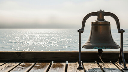 Large brass bell on a wooden pier overlooking a calm sea at sunset