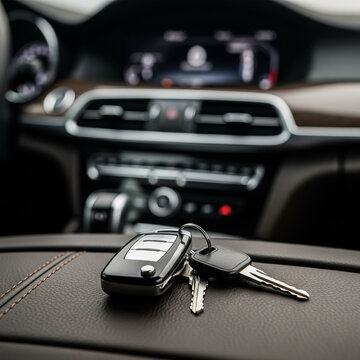 Modern car key fob and keys on a leather dashboard with a blurred interior