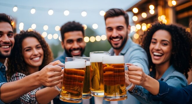 Friends happily toasting with large glasses of beer outdoors at a gathering - Powered by Adobe