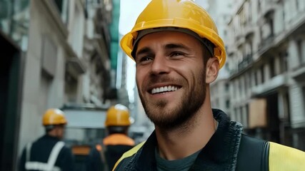 A construction worker in a yellow hard hat and reflective vest smiles on a city street, with other workers in the background. - Powered by Adobe