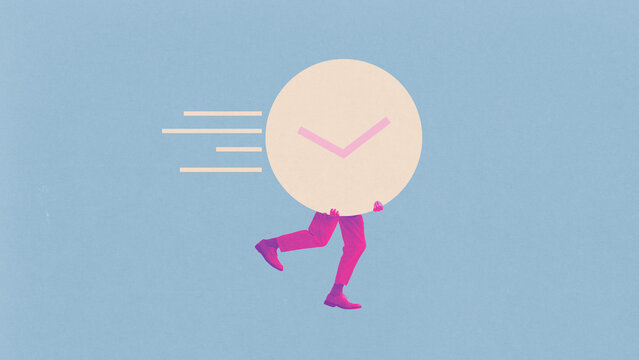 Surreal collage. Human legs running with giant clock head and motion lines on blue background. Concept of rushing time, urgency, productivity, deadlines and business pressure.