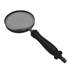 Black-and-white halftone image of a magnifying glass with a round lens and a dark, turned wooden handle 