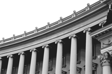 Halftone black-and-white photo of a neoclassical building facade with tall Corinthian columns, ornate capitals, and a curved entablature topped with balustrades and decorative urns.
