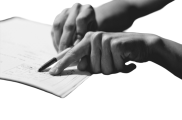 Close-up of hands writing in a notebook with a pen, one hand guiding while the other writes, captured in black-and-white with strong contrast