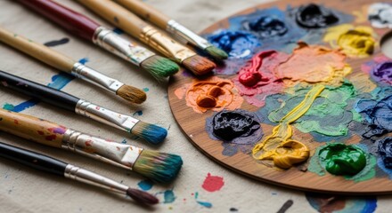 Obraz premium Colorful paint palette with brushes on canvas surface