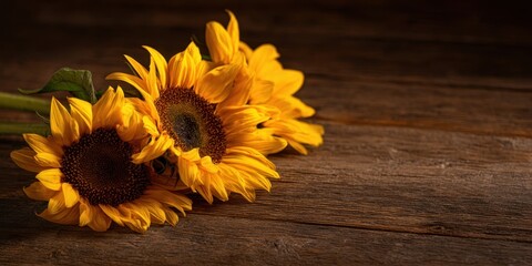 The Sunflowers Resting on a Rustic Wooden Table with Warm Natural Light
