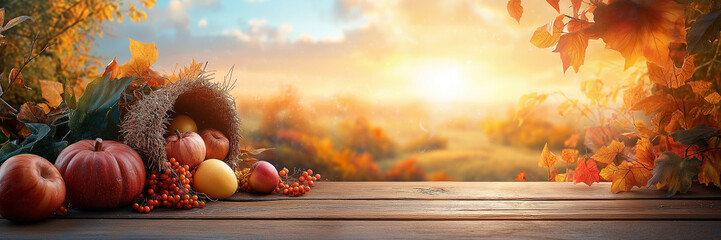 A vibrant and colorful autumn harvest background, rich with seasonal elements