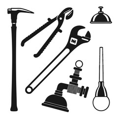 Plumbing tools pipe wrench pliers plunger saw and hammer vector