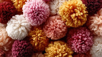 Close up view of  vibrant textured arrangement of pom pom like flowers in shades of pink orange yellow white and deep red creating  rich floral pattern