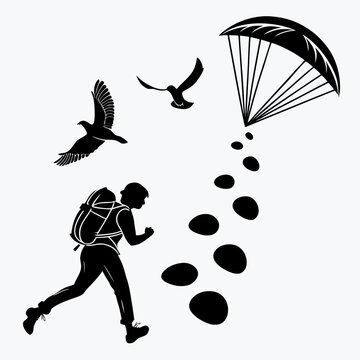 Runner with backpack birds and parachute black silhouette flying