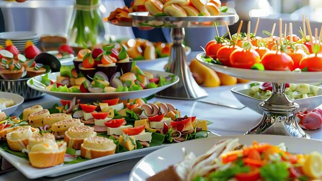 Colorful variety of gourmet appetizers, finger food and canap&eacute;s on buffet table in soft natural light at festive event. Concept of celebration and culinary abundance