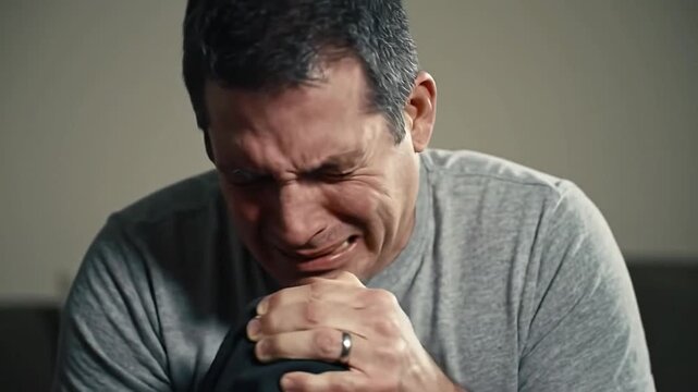 A man cries face contorted with anguish head on his knee He wears a gray tshirt