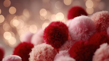 Close up view of fluffy red and pink pom poms with soft bokeh lights in  background