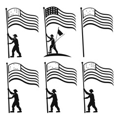 Six silhouettes of soldiers holding waving flags pole