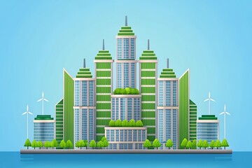 Obraz premium Eco-friendly cityscape with modern green skyscrapers wind turbines and lush trees urban