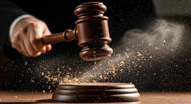 A wooden gavel strikes a wooden block, sending dust and small particles flying, showcasing a decisive moment against a dark backdrop