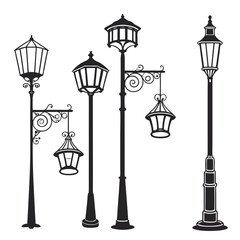 Vintage street lamps and hanging lanterns silhouettes street lights ornate