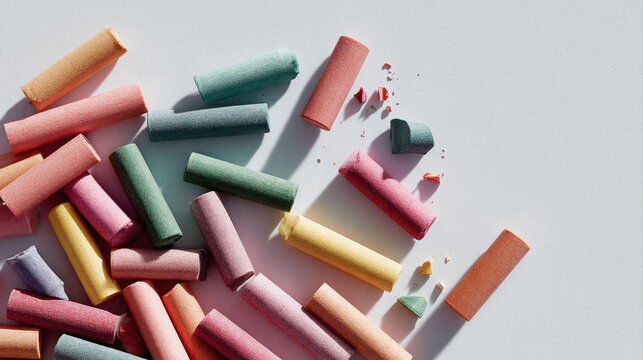 Pastel colored chalk sticks scattered on a white surface. Playful, creative and educational. Perfect for illustrating art, learning, childhood, or colorful concepts. - Powered by Adobe