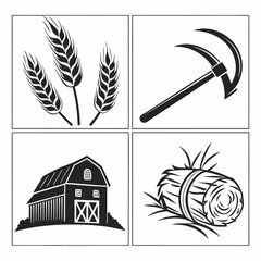 Wheat stalks sickle barn hay bale icons grain scythe