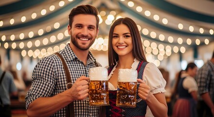 Smiling couple in traditional german attire enjoying beer at a festival