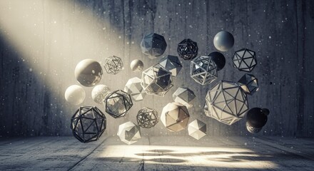 Abstract geometric forms including spheres and polyhedra hover in a textured concrete room illuminated by a strong light beam with floating particles