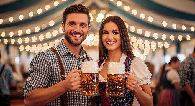 Smiling couple in traditional german attire enjoying beer at a festival