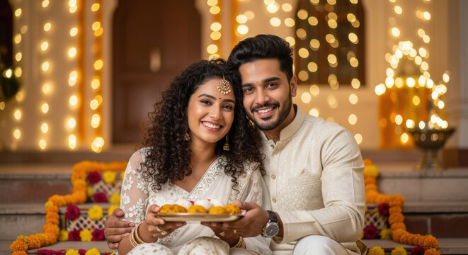 young indian couple holding sweet plate sitting together on diwali festival