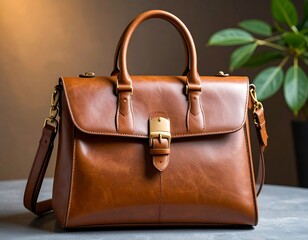 Brown leather briefcase style handbag