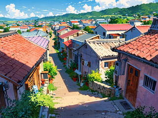 Obraz premium Anime-inspired view of a crowded village lane, horizon glowing in pastel tones, vibrant light spilling between rooftops, cinematic composition enhancing depth and nostalgic rural
