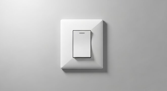 Minimalist image of a square, white, electrical light switch on a light grey wall with soft shadows