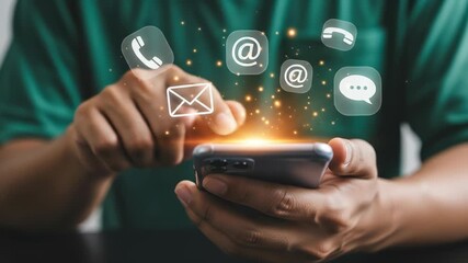 Stay Connected: Man Using Smartphone with Email, Phone, and Chat Communication Icons - Digital Contact Solutions and Modern Communication Methods