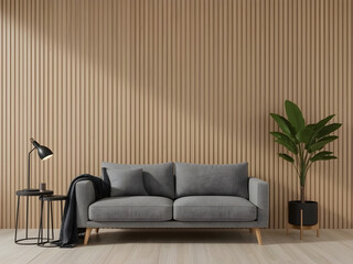 Modern Living Room with Wood Slat Wall and Grey Sofa