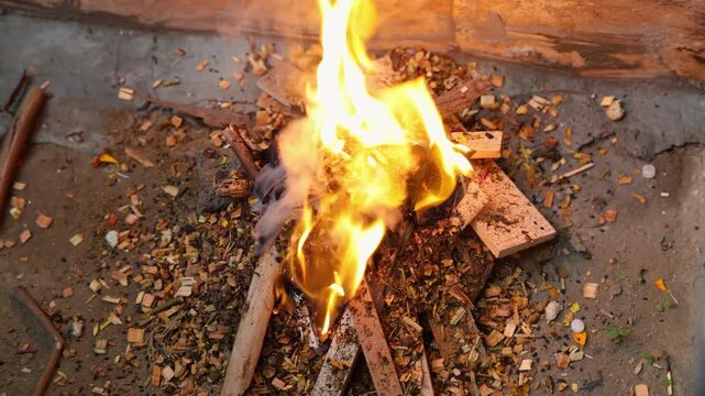 holy fire altar of hindu rituals at sacred festival ceremony at day