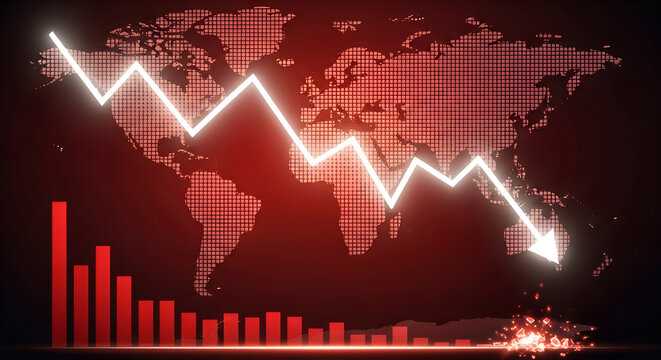 Global economic downturn depicted with a falling line graph and red bar chart against a world map backdrop