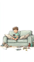 A boy sitting on a couch, playing with his smartphone, toys scattered around him, ignored. Minimalist drawing style with colored pencils, clean soft lines, light pastel color