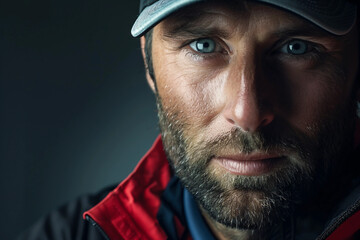 Focused male golfer wearing a cap with an intense expression on a bright summer day, professional golf player generative ai