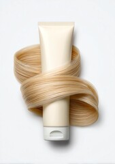 a hair cream tube with long, straight blonde hair wrapped around it, against a white background, in high-resolution photography.