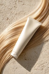a hair cream tube with long, straight blonde hair against a white background, in high-resolution photography.