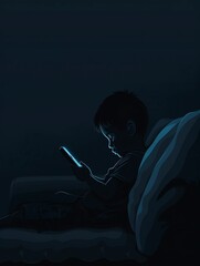 The white child in sweater and pants is sitting on the chair and looking to the smartphone