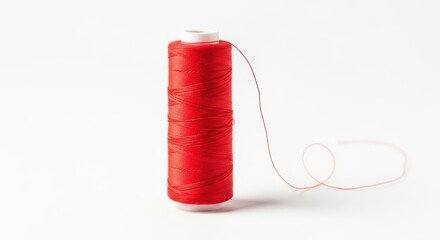 Bright red thread spool on white background with loose strand