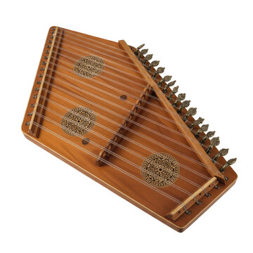 Elegant wooden qanun string instrument with intricate circular designs and antique tuning pegs