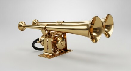 Obraz premium Gold-colored double-horned vehicle air horn, angled view, on a light gray background