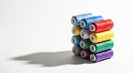 Colorful thread spools stack on white background with shadows