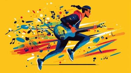 A flat design human figure, surrounded by dynamic bright colors and musical notes, giving a sense of music in motion. cartoon style