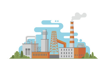 Obraz premium Industrial Factory with Chimney and Smoke Flat Design Illustration Depicting Modern Manufacturing and Environmental Impact Awareness