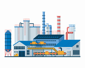 Obraz premium Industrial factory plant concept illustration. Manufacturing building with conveyor belt, pipes, and storage tanks on a white background.